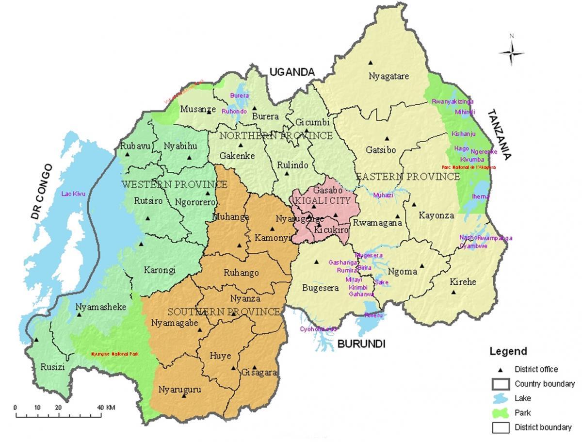 bản đồ của Rwanda với huyện và lĩnh vực