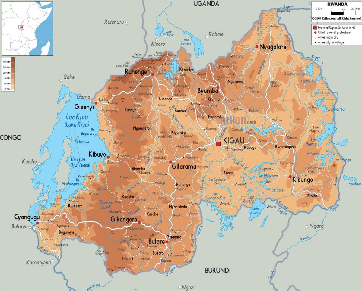 bản đồ của bản đồ vật lý của Rwanda